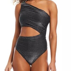 Bar III Metallic Black One-Shoulder Cutout Waist Swim One Piece